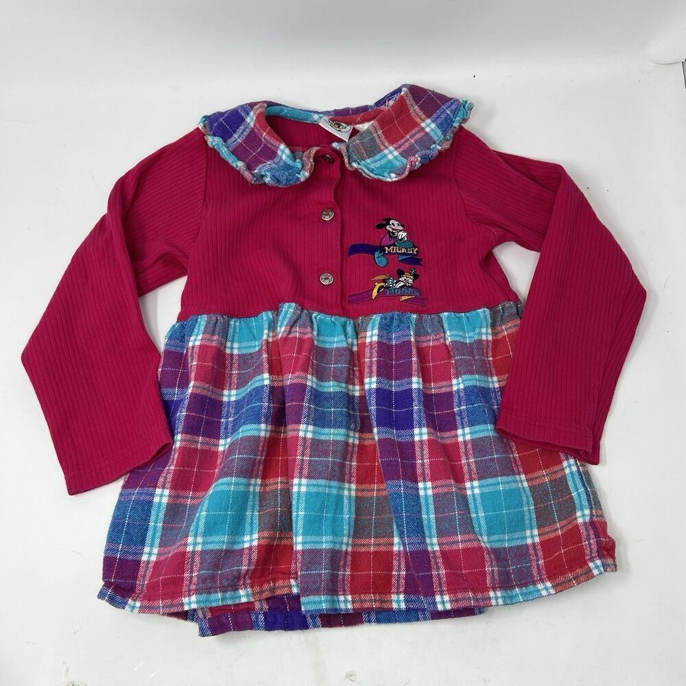 Vintage 90s Disney Mickey & Co Minnie & Mickey Mouse Plaid Dress Size 5/6